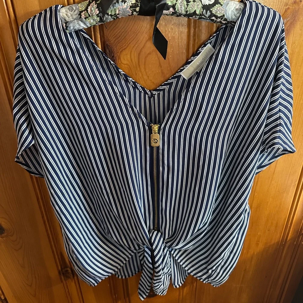 Michael Kors Navy and White Striped Zip-Front Tie Hem Blouse